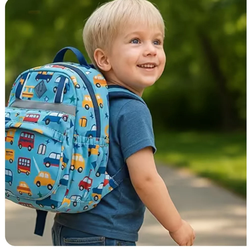 Boys QIXIU Backpack Small Blue Vehicle Print zip and side pockets adjustable